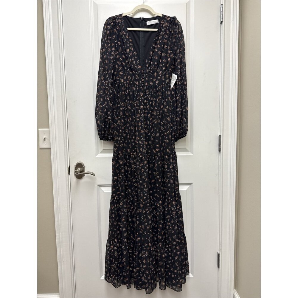 New Mac Duggal Size 2 Black Floral 55431 Peasant Maxi Dress Flowy Cottagecore - Picture 5 of 13
